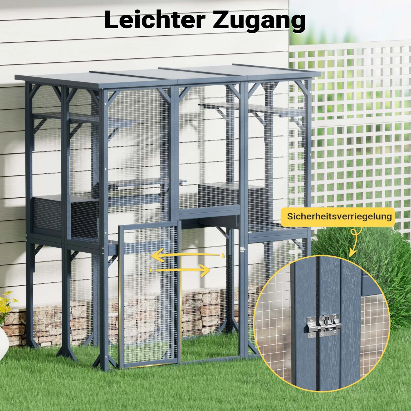 Wiltec Freilaufgehege Katzen 1705 x 925 x 1810 mm, Katzenfreigehege Holz mit Asphaltdach, Außengehege verschiedene Ebenen, Katzengehege für Garten, Balkon