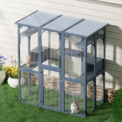 Wiltec Freilaufgehege Katzen 1705 x 925 x 1810 mm, Katzenfreigehege Holz mit Asphaltdach, Außengehege verschiedene Ebenen, Katzengehege für Garten, Balkon