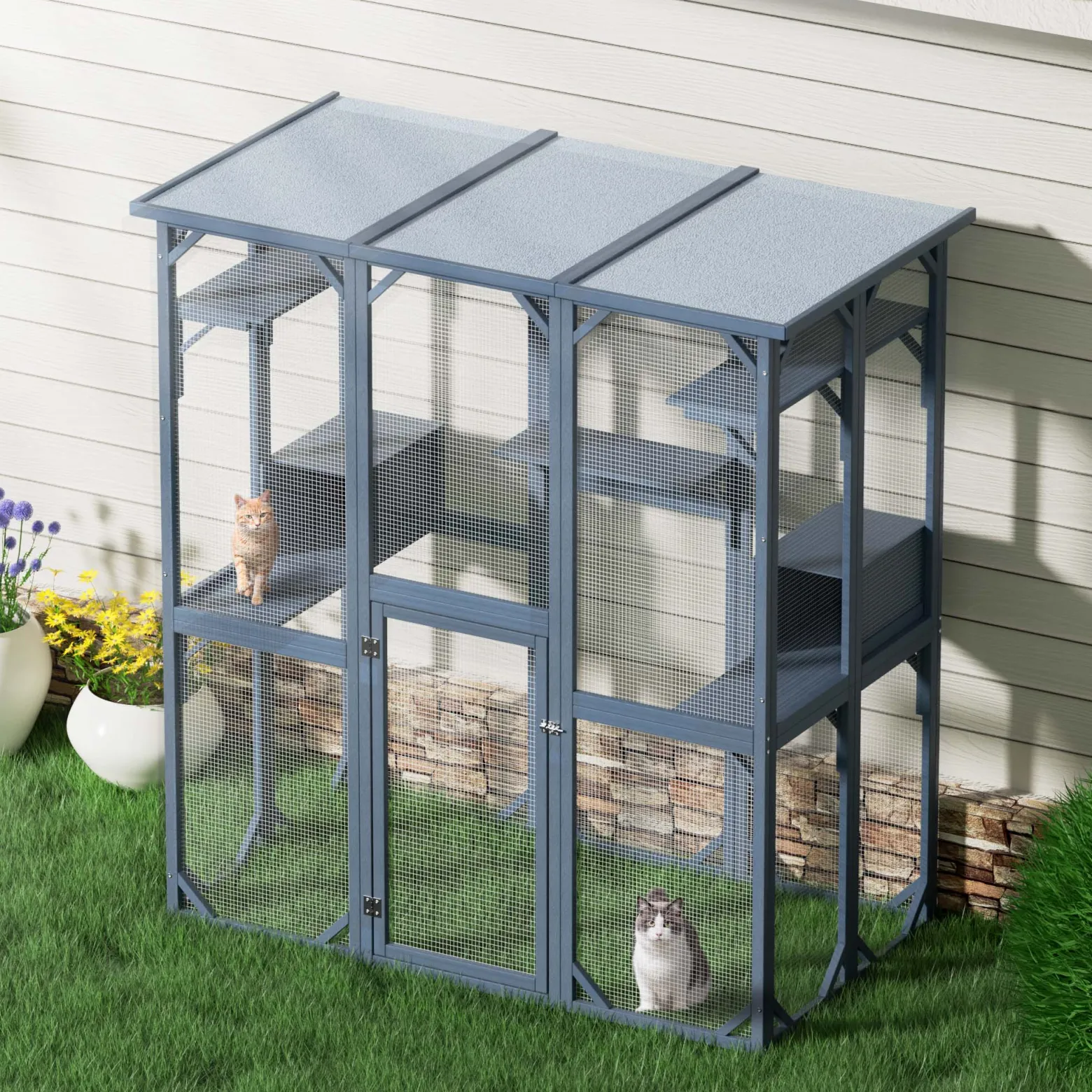 Wiltec Freilaufgehege Katzen 1705 x 925 x 1810 mm, Katzenfreigehege Holz mit Asphaltdach, Außengehege verschiedene Ebenen, Katzengehege für Garten, Balkon
