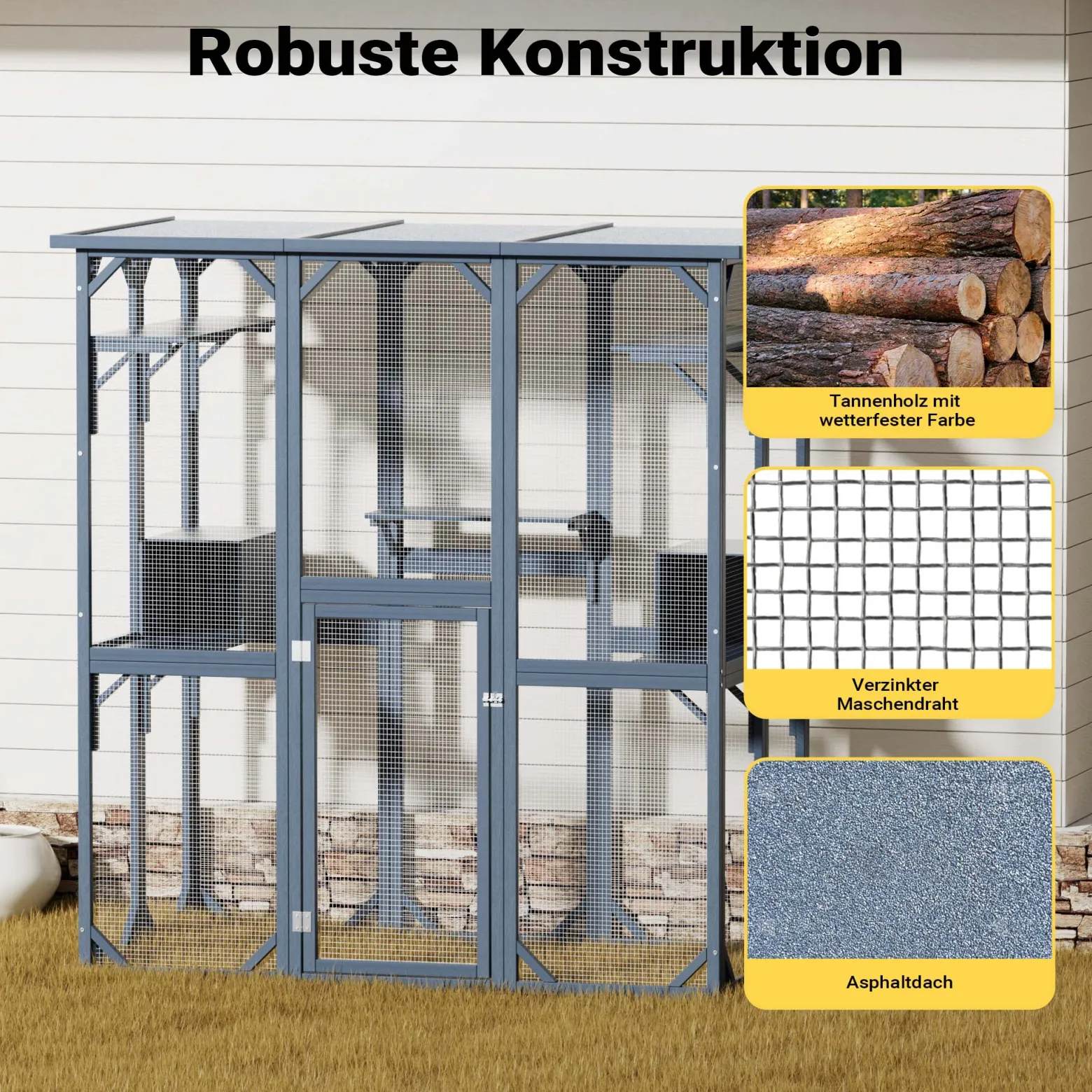 Wiltec Freilaufgehege Katzen 1705 x 925 x 1810 mm, Katzenfreigehege Holz mit Asphaltdach, Außengehege verschiedene Ebenen, Katzengehege für Garten, Balkon