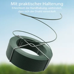 Wiltec Gartendraht grün Ø 2 mm x 50 m, Bindedraht Stahl verzinkt mit PVC-Beschichtung, Pflanzendraht mit Drahthalterung, flexibler Basteldraht