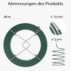 Wiltec Gartendraht grün Ø 2 mm x 50 m, Bindedraht Stahl verzinkt mit PVC-Beschichtung, Pflanzendraht mit Drahthalterung, flexibler Basteldraht