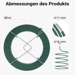 Wiltec Gartendraht grün Ø 1,6 mm x 50 m, Bindedraht Stahl verzinkt mit PVC-Beschichtung, Pflanzendraht mit Drahthalterung, flexibler Basteldraht
