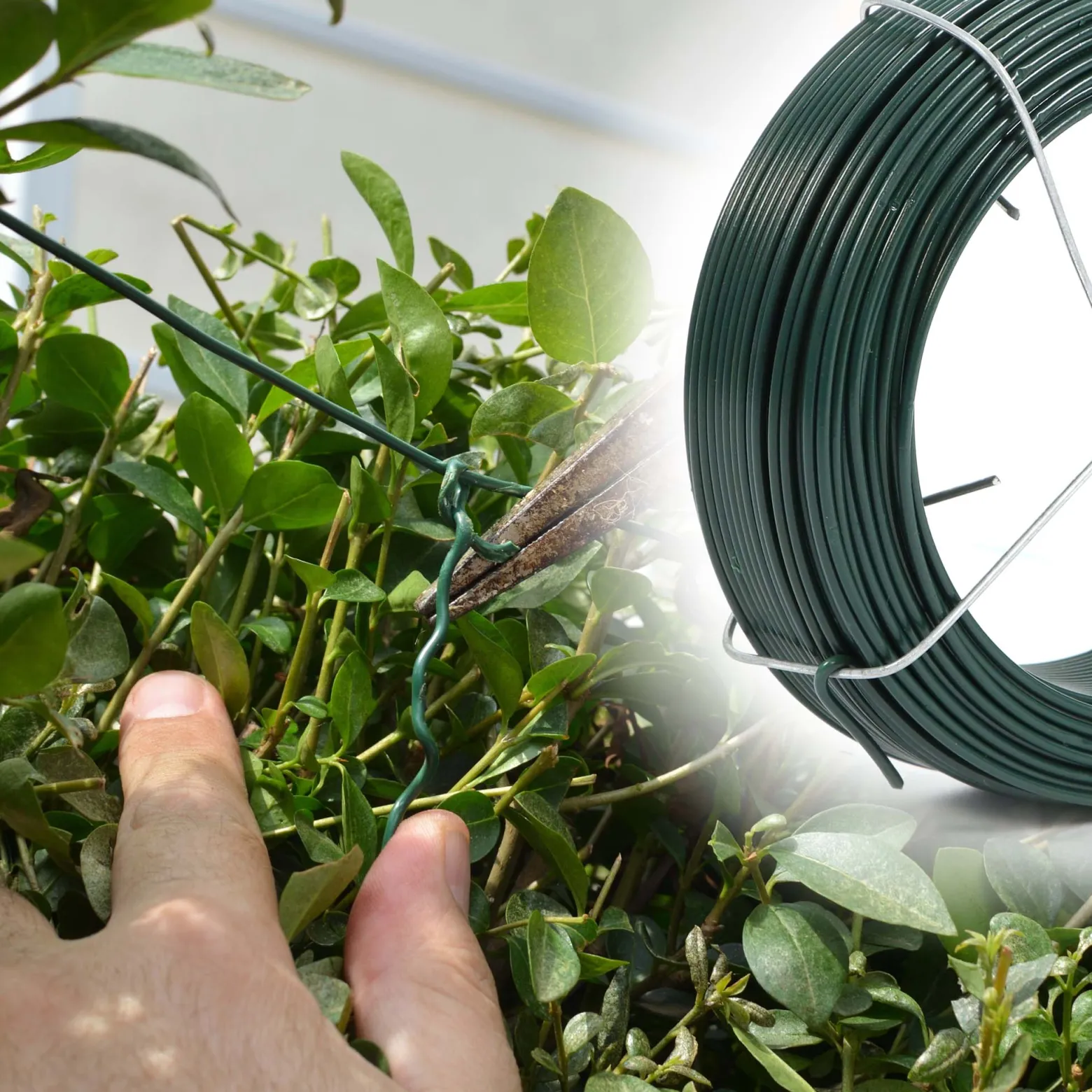 Wiltec Gartendraht grün Ø 1,15 mm x 50 m, Bindedraht Stahl verzinkt mit PVC-Beschichtung, Pflanzendraht mit Drahthalterung, flexibler Basteldraht