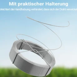 Wiltec Gartendraht Ø 1,8 mm, Wickeldraht 50 m, Bindedraht Stahl verzinkt, Pflanzendraht mit Abrollspinne, flexibler Basteldraht vielseitig