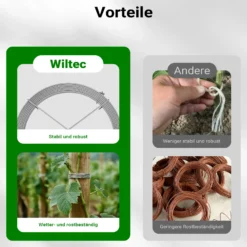 Wiltec Gartendraht Ø 1,8 mm, Wickeldraht 50 m, Bindedraht Stahl verzinkt, Pflanzendraht mit Abrollspinne, flexibler Basteldraht vielseitig