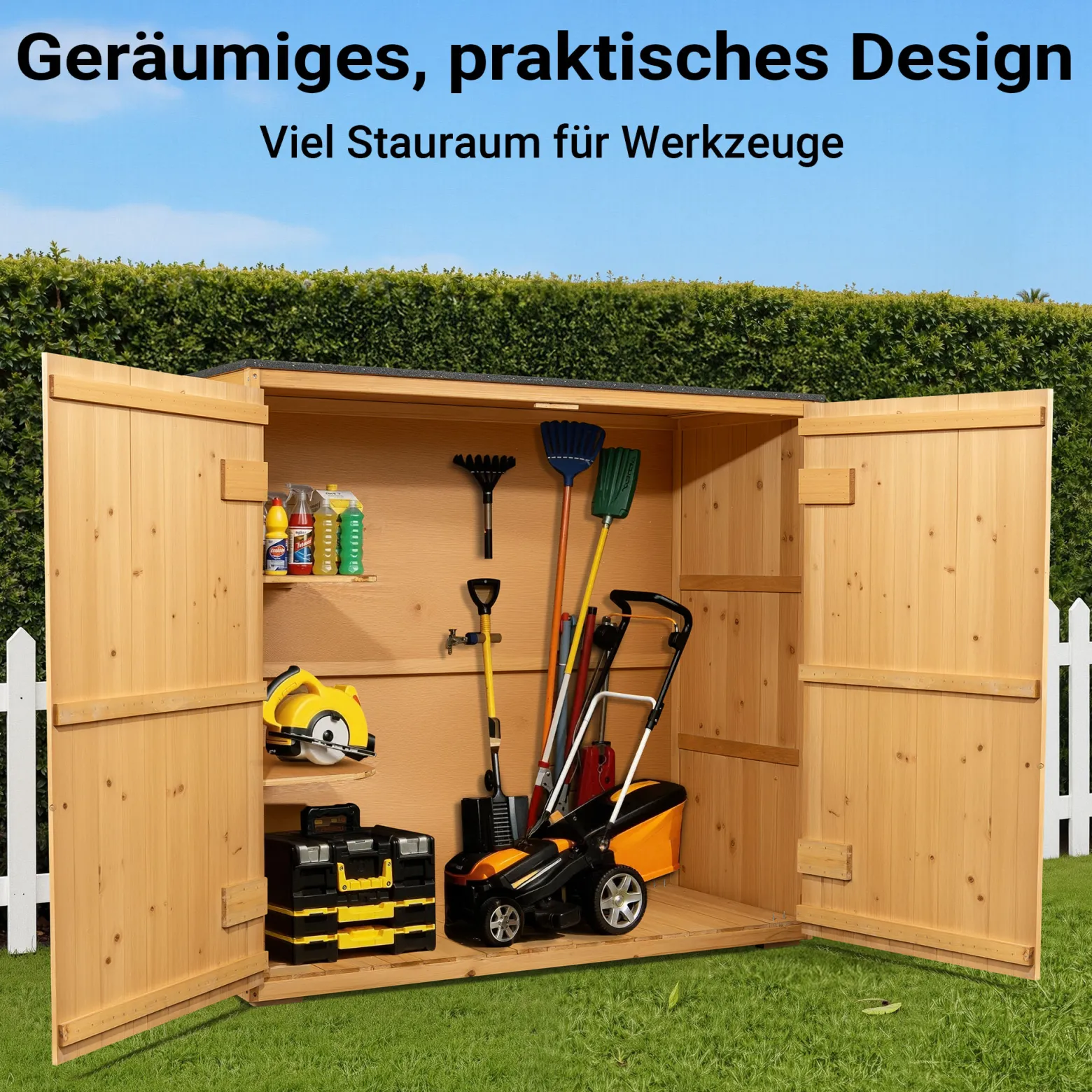 Wiltec Gartenhaus mit Doppeltür in Naturfarbe Holz 136 x 58 x 127 cm Gerätehaus für den Garten Geräteschuppen Gartenschrank Geräteschrank