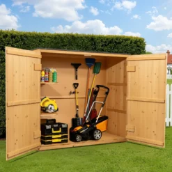 Wiltec Gartenhaus mit Doppeltür in Naturfarbe Holz 136 x 58 x 127 cm Gerätehaus für den Garten Geräteschuppen Gartenschrank Geräteschrank