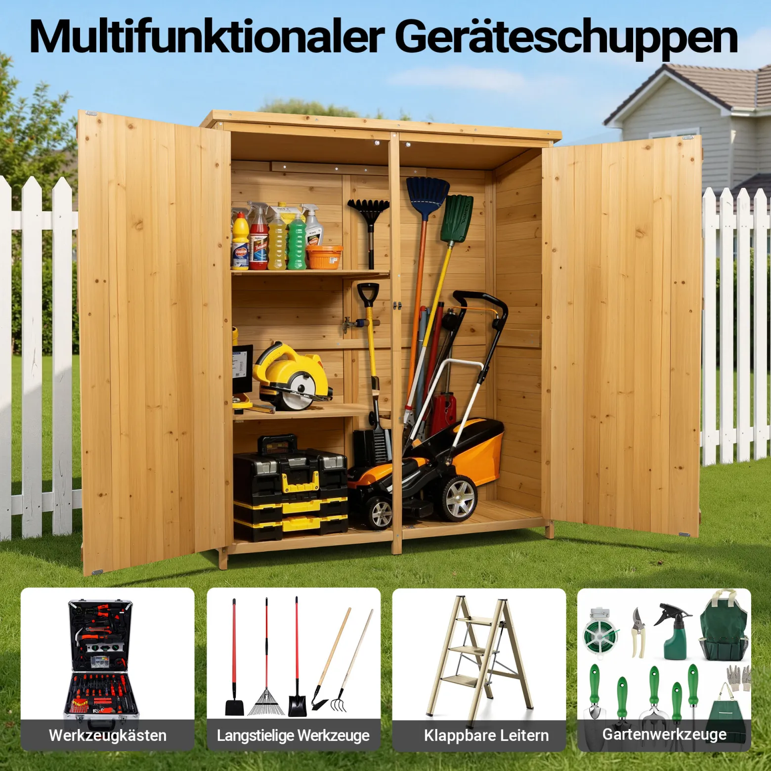 Wiltec Gartenhaus mit 2-flügelige Tür 1350x500x1540mm aus Fichtenholz mit Bitumendach für Garten, Terrasse & Balkon Gerätehaus Geräteschuppen Holzhaus Werkzeugschrank