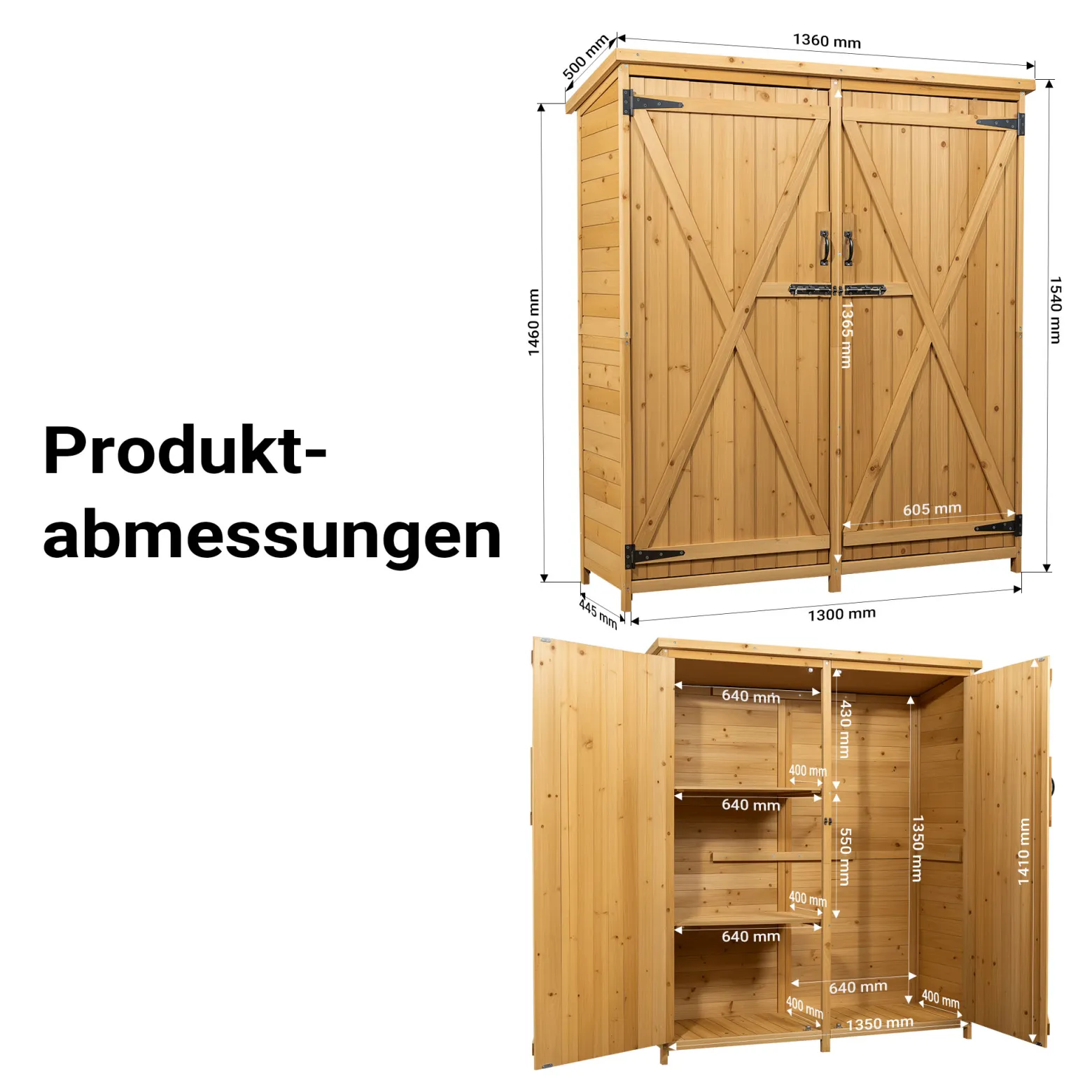 Wiltec Gartenhaus mit 2-flügelige Tür 1350x500x1540mm aus Fichtenholz mit Bitumendach für Garten, Terrasse & Balkon Gerätehaus Geräteschuppen Holzhaus Werkzeugschrank