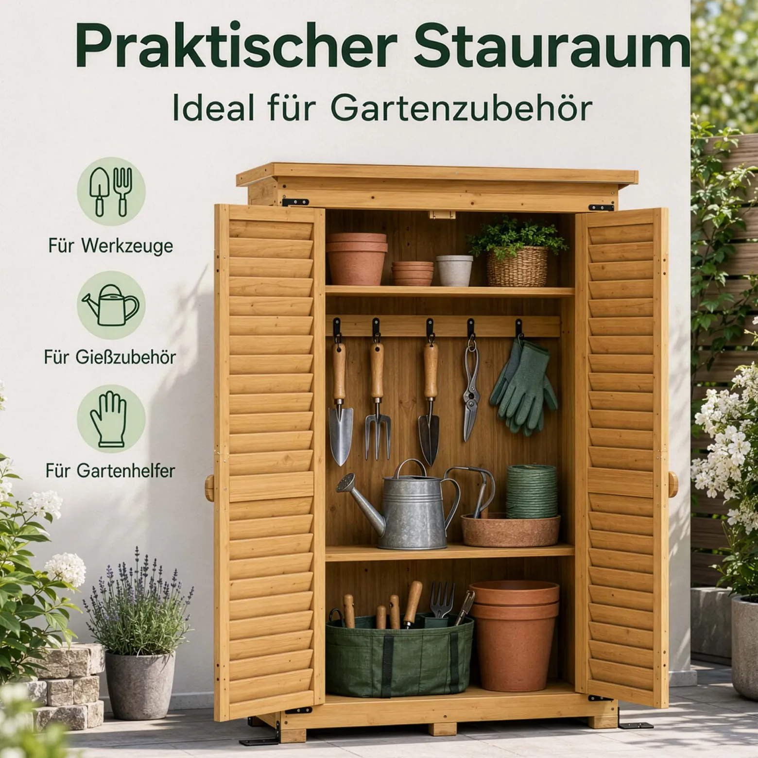 Wiltec Gartenhaus mit Lamellentür 870 x 465 x 1600 mm, Gartenschrank aus Fichtenholz mit 3 Fächern, Gerätehaus mit Bitumendach