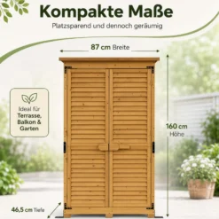 Wiltec Gartenhaus mit Lamellentür 870 x 465 x 1600 mm, Gartenschrank aus Fichtenholz mit 3 Fächern, Gerätehaus mit Bitumendach