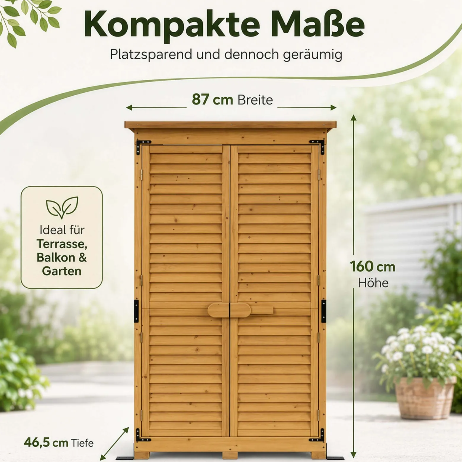 Wiltec Gartenhaus mit Lamellentür 870 x 465 x 1600 mm, Gartenschrank aus Fichtenholz mit 3 Fächern, Gerätehaus mit Bitumendach