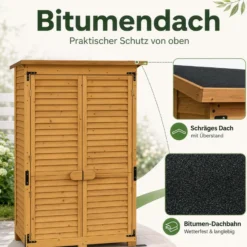 Wiltec Gartenhaus mit Lamellentür 870 x 465 x 1600 mm, Gartenschrank aus Fichtenholz mit 3 Fächern, Gerätehaus mit Bitumendach