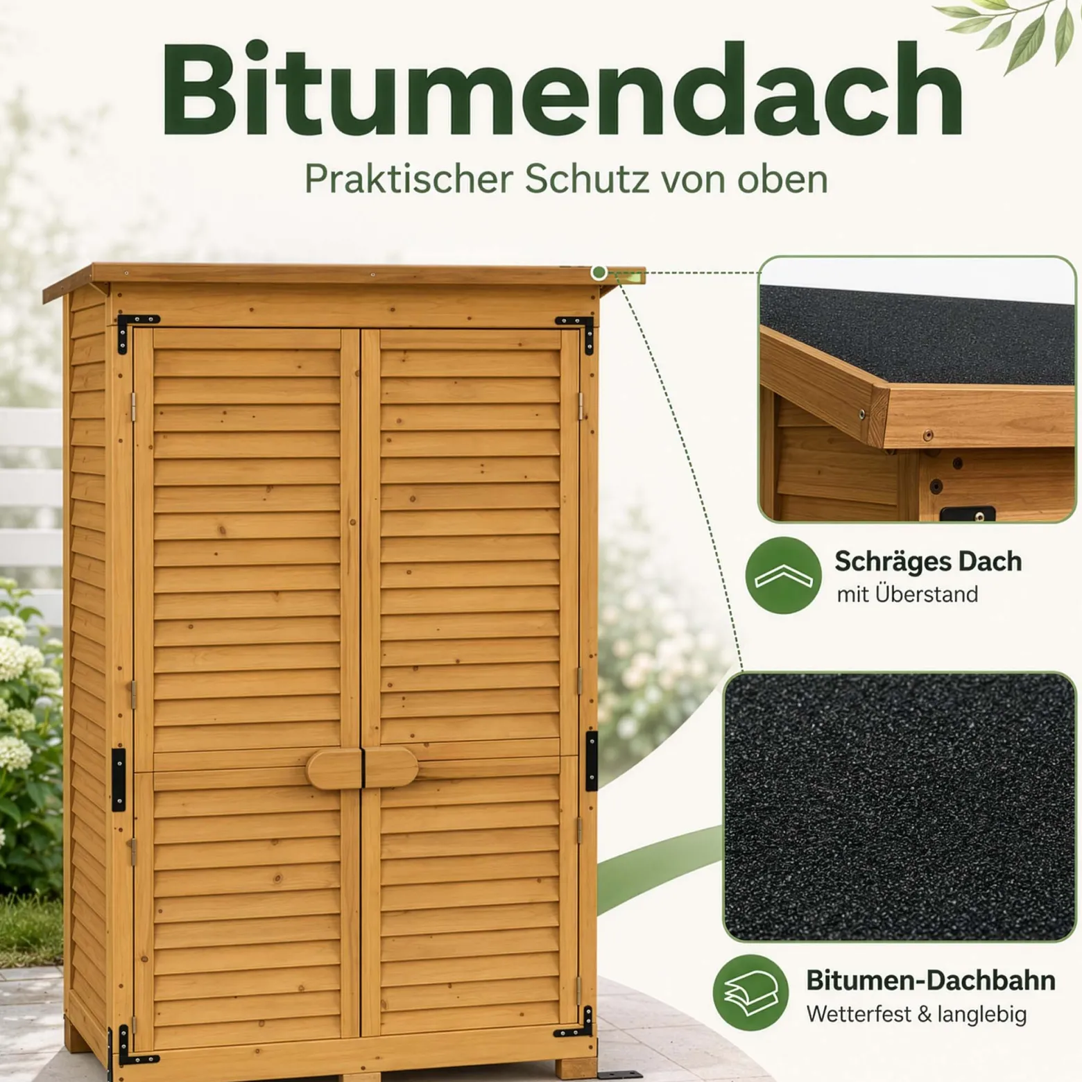Wiltec Gartenhaus mit Lamellentür 870 x 465 x 1600 mm, Gartenschrank aus Fichtenholz mit 3 Fächern, Gerätehaus mit Bitumendach