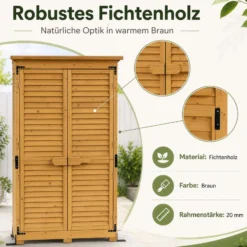 Wiltec Gartenhaus mit Lamellentür 870 x 465 x 1600 mm, Gartenschrank aus Fichtenholz mit 3 Fächern, Gerätehaus mit Bitumendach