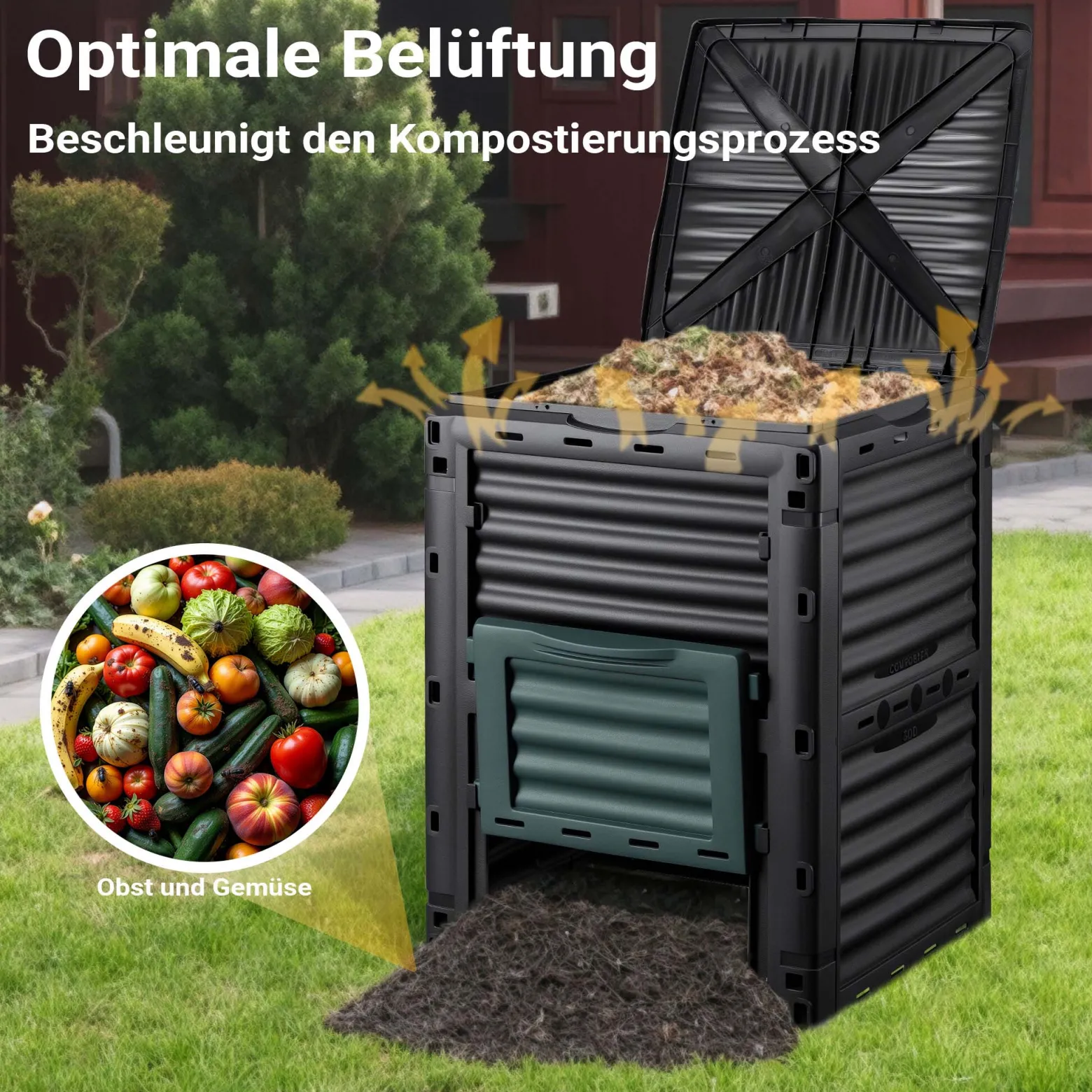 Wiltec Gartenkomposter 300 Liter 61 x 61 x 82 cm, Komposter aus Kunststoff für Bio- und Garten-Abfälle, Kompostierer mit Deckel, Schnellkomposter mit Bodenklappe zum Entleeren