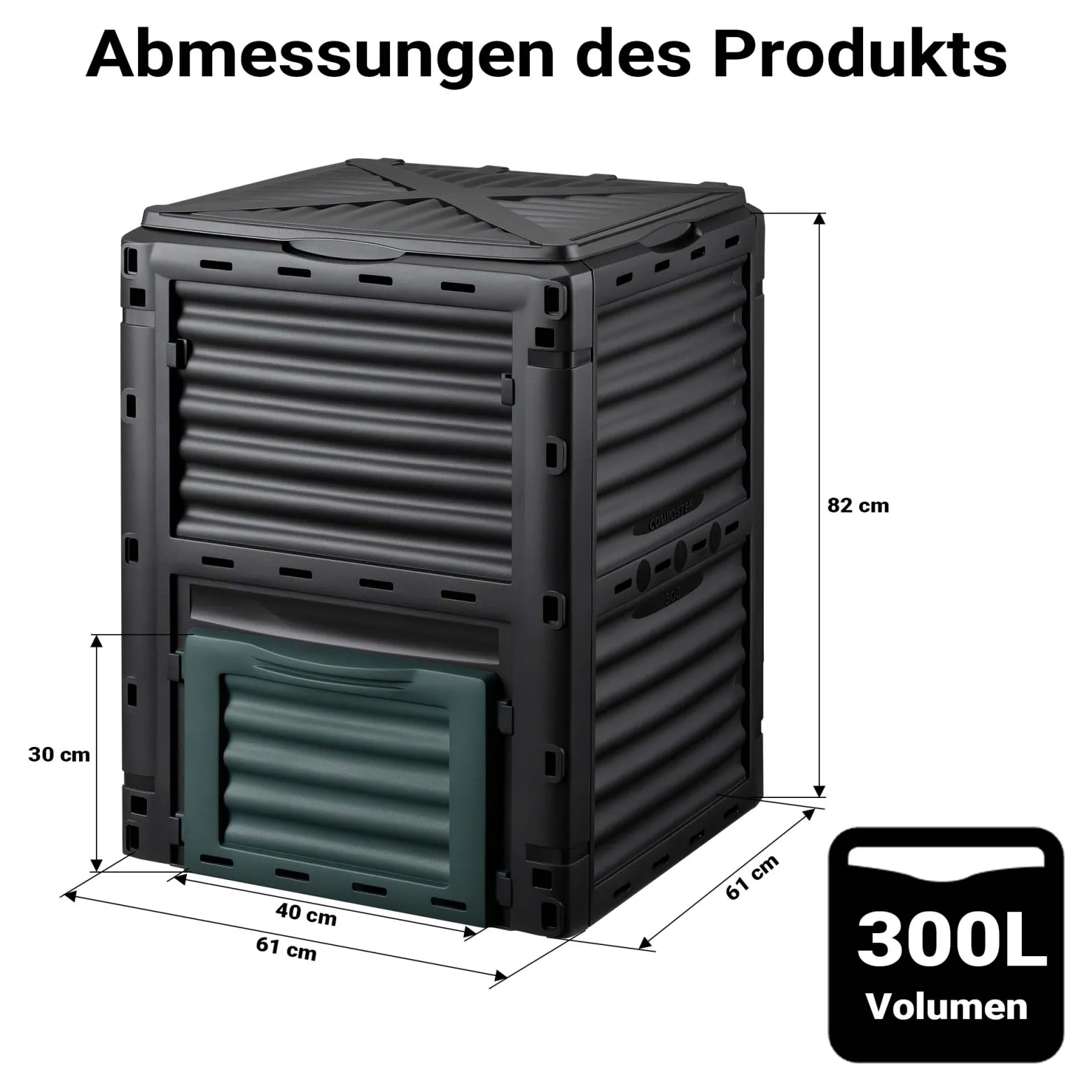 Wiltec Gartenkomposter 300 Liter 61 x 61 x 82 cm, Komposter aus Kunststoff für Bio- und Garten-Abfälle, Kompostierer mit Deckel, Schnellkomposter mit Bodenklappe zum Entleeren