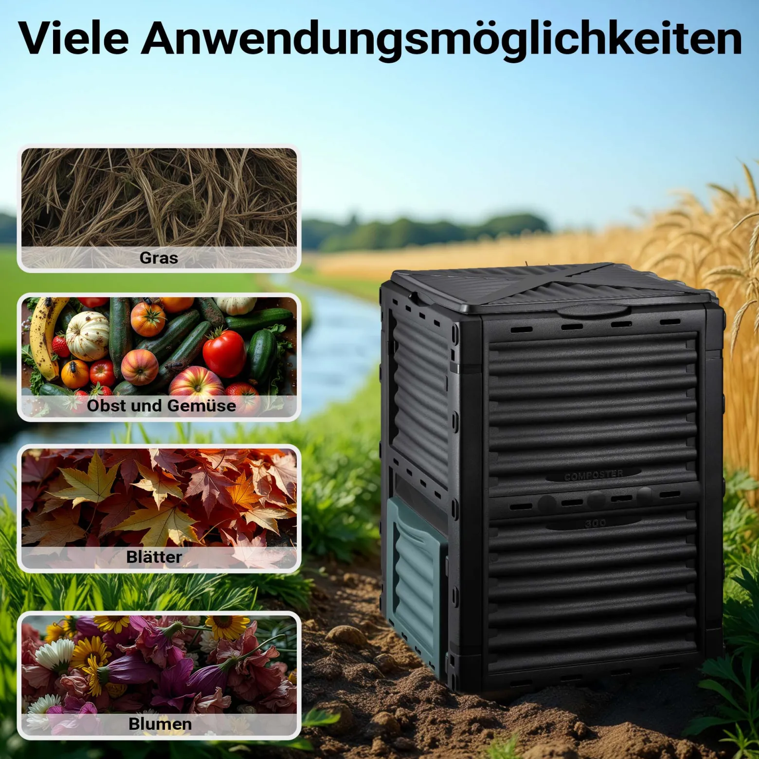 Wiltec Gartenkomposter 300 Liter 61 x 61 x 82 cm, Komposter aus Kunststoff für Bio- und Garten-Abfälle, Kompostierer mit Deckel, Schnellkomposter mit Bodenklappe zum Entleeren
