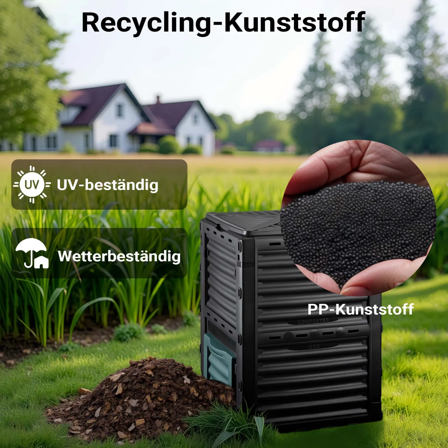 Wiltec Gartenkomposter 300 Liter 61 x 61 x 82 cm, Komposter aus Kunststoff für Bio- und Garten-Abfälle, Kompostierer mit Deckel, Schnellkomposter mit Bodenklappe zum Entleeren
