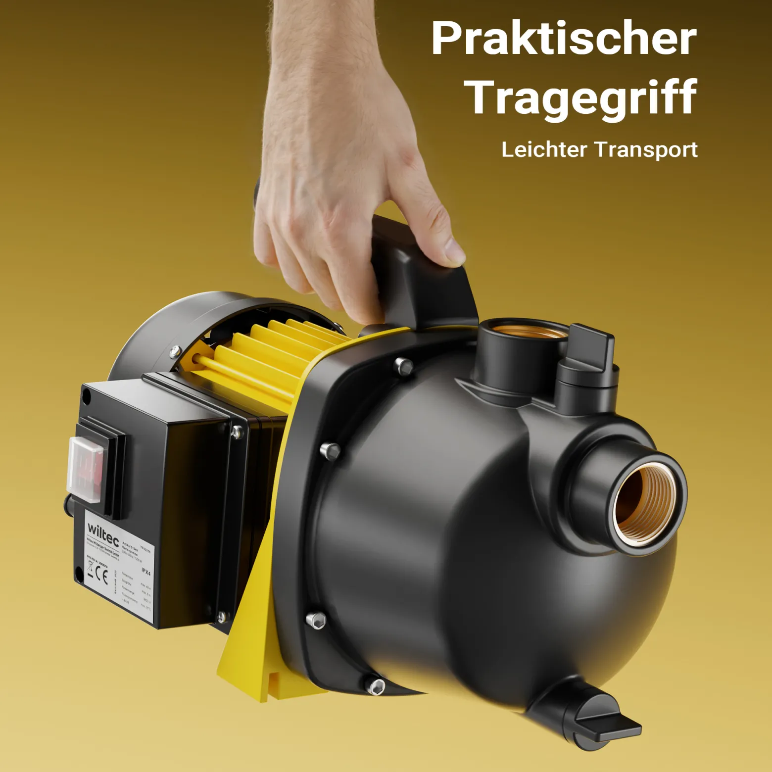 Wiltec Gartenpumpe 2800l/h, 600W, mit Tragegriff & Wasserablassschraube, max. Förderhöhe 35m, für Süßwasser Hauswasserwerk Wasserpumpe Bewässerungspumpe Regenwasserpumpe