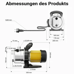 Wiltec Gartenpumpe 3800l/h, 1200W, Tragegriff & Wasserablassschraube, max. Förderhöhe 48m, rostfreier Stahl Hauswasserwerk Wasserpumpe Bewässerungspumpe Regenwasserpumpe