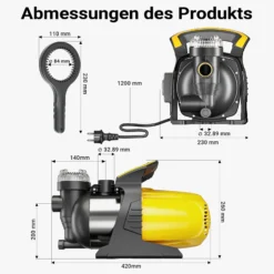 Wiltec Gartenpumpe 1200 W mit Edelstahl-Pumpengehäuse 3800 l/h, Wasserpumpe mit Vorfilter, Bewässerungspumpe mit Tragegriff für Gartenteich, Regenfass, Brunnen und Zisterne