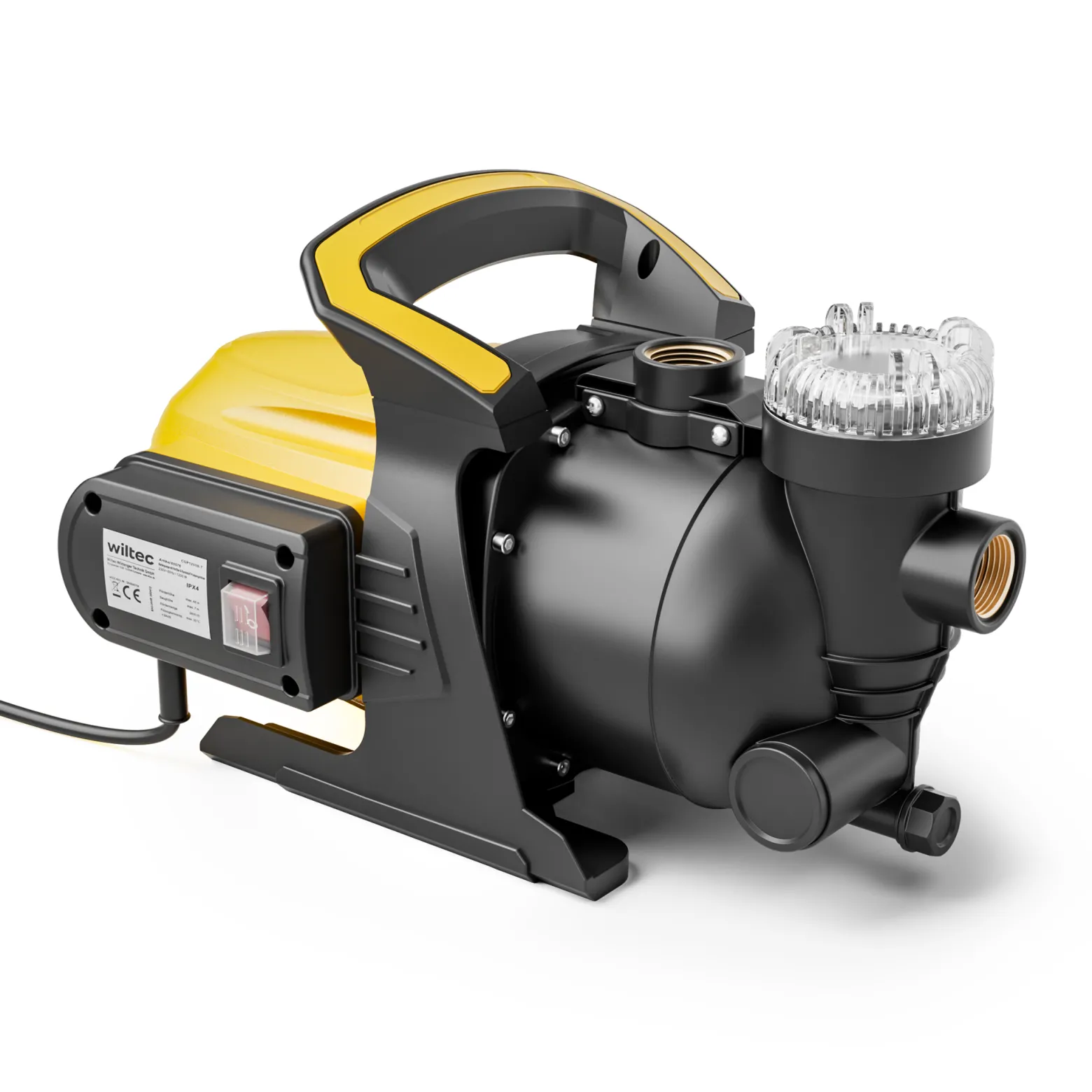 Wiltec Gartenpumpe 1200 W mit Kunststoff-Pumpengehäuse 3800 l/h, Wasserpumpe mit Vorfilter, Bewässerungspumpe mit Tragegriff für Gartenteich, Regenfass, Brunnen und Zisterne