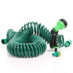 Wiltec Gartenschlauch 15m mit 7 Sprühfunktionen, Spiralschlauch, flexibel Bewässerungsschlauch für Haus und Garten