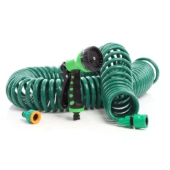 Wiltec Gartenschlauch 15m mit 7 Sprühfunktionen, Spiralschlauch, flexibel Bewässerungsschlauch für Haus und Garten