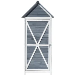 Wiltec Gartenschrank aus Holz grau 77x53x179cm mit Tür, Satteldach und Bitumenisolierung Gerätehaus Werkzeughaus Geräteschrank Werkzeugschrank Geräteschuppen