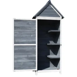Wiltec Gartenschrank aus Holz grau 77x53x179cm mit Tür, Satteldach und Bitumenisolierung Gerätehaus Werkzeughaus Geräteschrank Werkzeugschrank Geräteschuppen