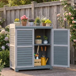 Wiltec Gartentisch mit Unterschrank und Arbeitsplatte, grau, Pflanztisch mit Schutzleisten für Gartenarbeiten, Holzschrank Werkzeugschrank Arbeitstisch für Garten