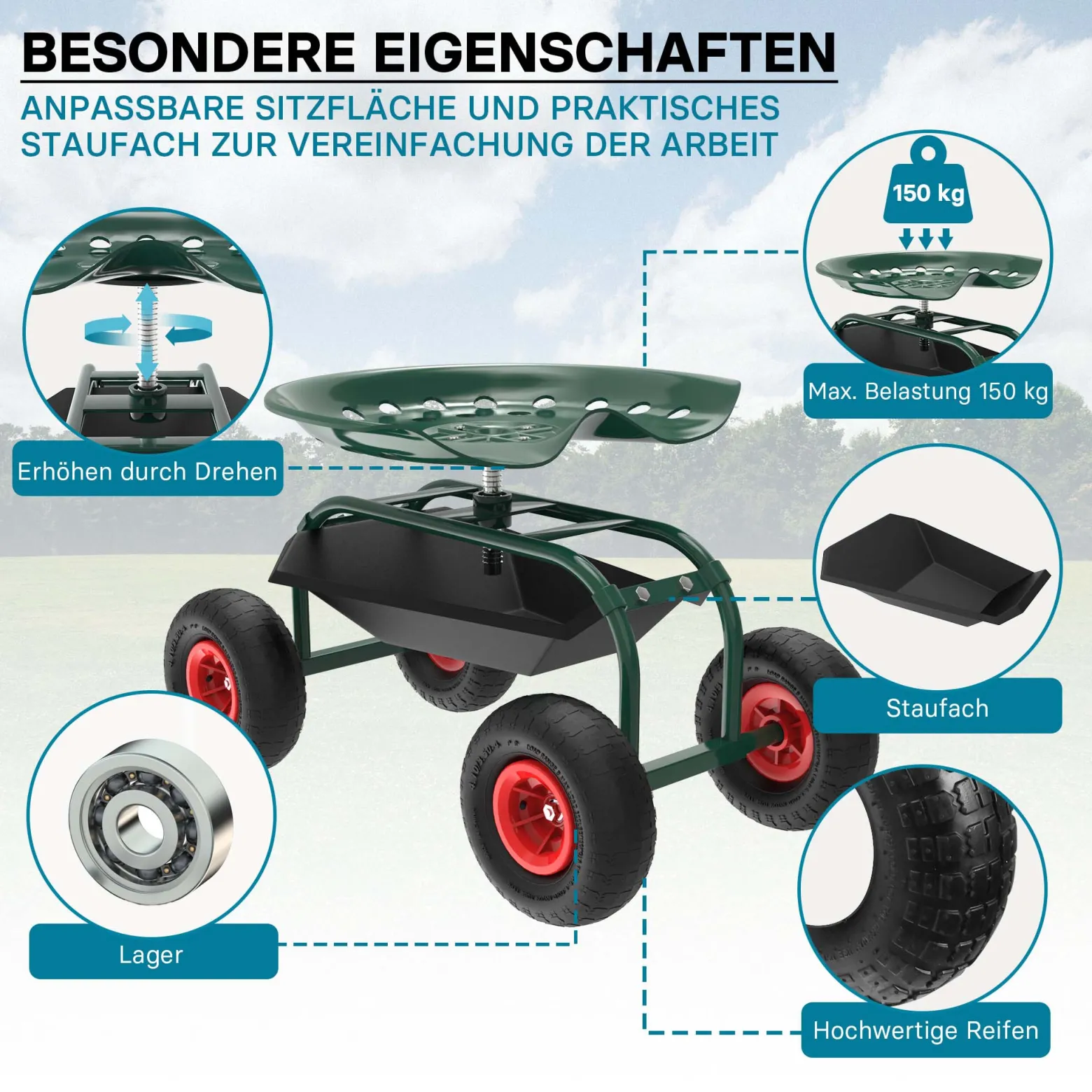 Wiltec Gartenwagen mit Ablagefläche bis 150kg Gartenhocker mit Reifen Gartentrolley für Gartenarbeit Werkstattwagen Rollwagen Arbeitssitz Gartensitz fahrbar