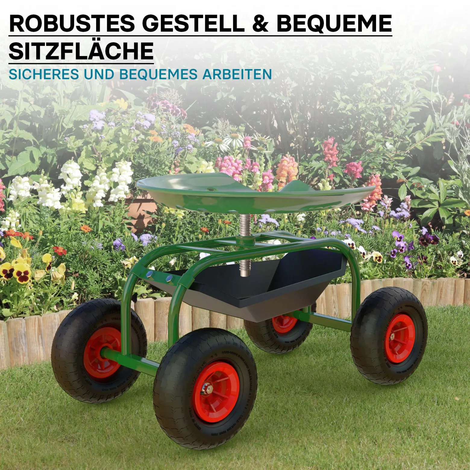 Wiltec Gartenwagen mit Ablagefläche bis 150kg Gartenhocker mit Reifen Gartentrolley für Gartenarbeit Werkstattwagen Rollwagen Arbeitssitz Gartensitz fahrbar