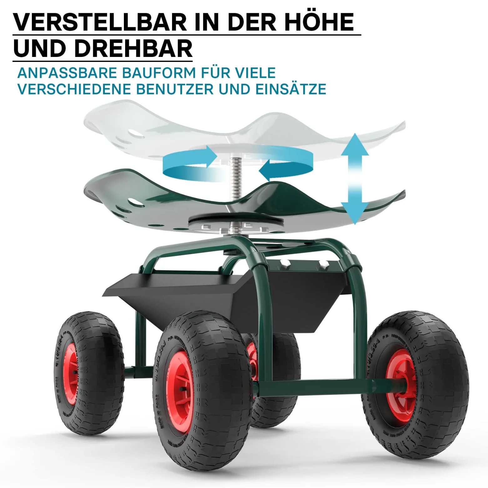 Wiltec Gartenwagen mit Ablagefläche bis 150kg Gartenhocker mit Reifen Gartentrolley für Gartenarbeit Werkstattwagen Rollwagen Arbeitssitz Gartensitz fahrbar