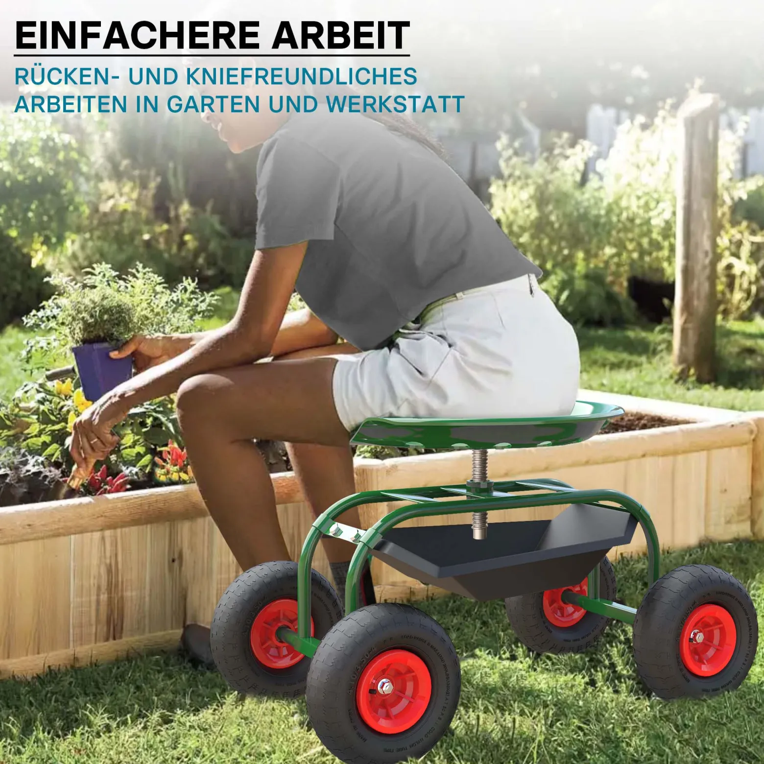 Wiltec Gartenwagen mit Ablagefläche bis 150kg Gartenhocker mit Reifen Gartentrolley für Gartenarbeit Werkstattwagen Rollwagen Arbeitssitz Gartensitz fahrbar