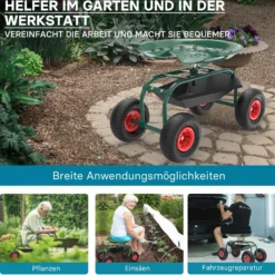 Wiltec Gartenwagen mit Ablagefläche bis 150kg Gartenhocker mit Reifen Gartentrolley für Gartenarbeit Werkstattwagen Rollwagen Arbeitssitz Gartensitz fahrbar