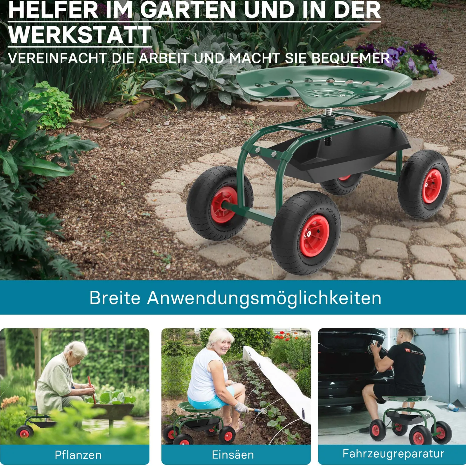 Wiltec Gartenwagen mit Ablagefläche bis 150kg Gartenhocker mit Reifen Gartentrolley für Gartenarbeit Werkstattwagen Rollwagen Arbeitssitz Gartensitz fahrbar