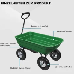 Wiltec Gartenwagen mit Kippfunktion bis 240 kg, Handwagen mit 75 l Volumen, Bollerwagen für Gartenarbeit, Handkarren für u. a. Rasen, Kies u. Schlamm