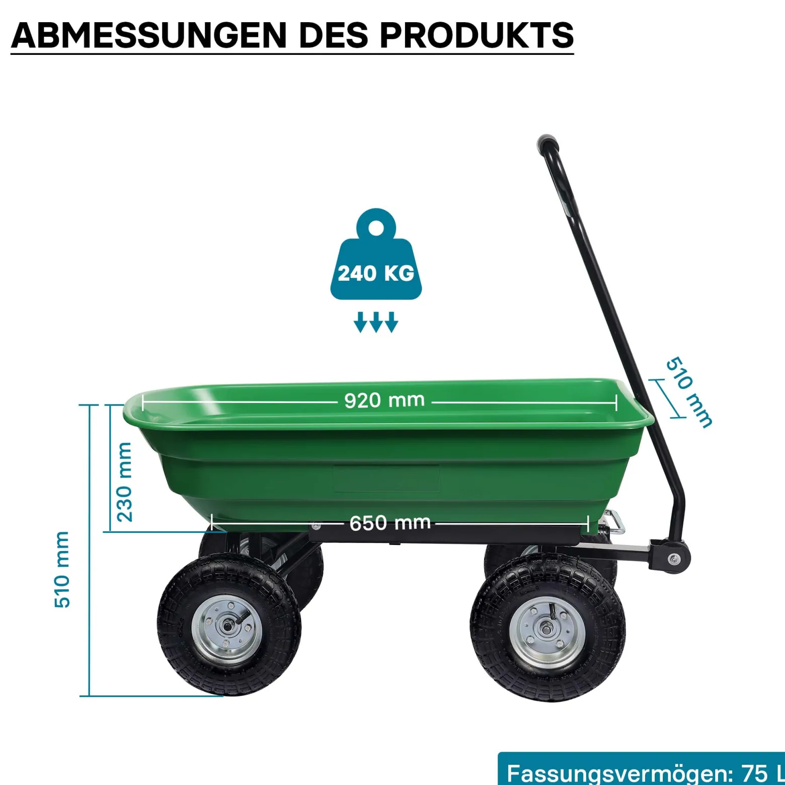 Wiltec Gartenwagen mit Kippfunktion bis 240 kg, Handwagen mit 75 l Volumen, Bollerwagen für Gartenarbeit, Handkarren für u. a. Rasen, Kies u. Schlamm