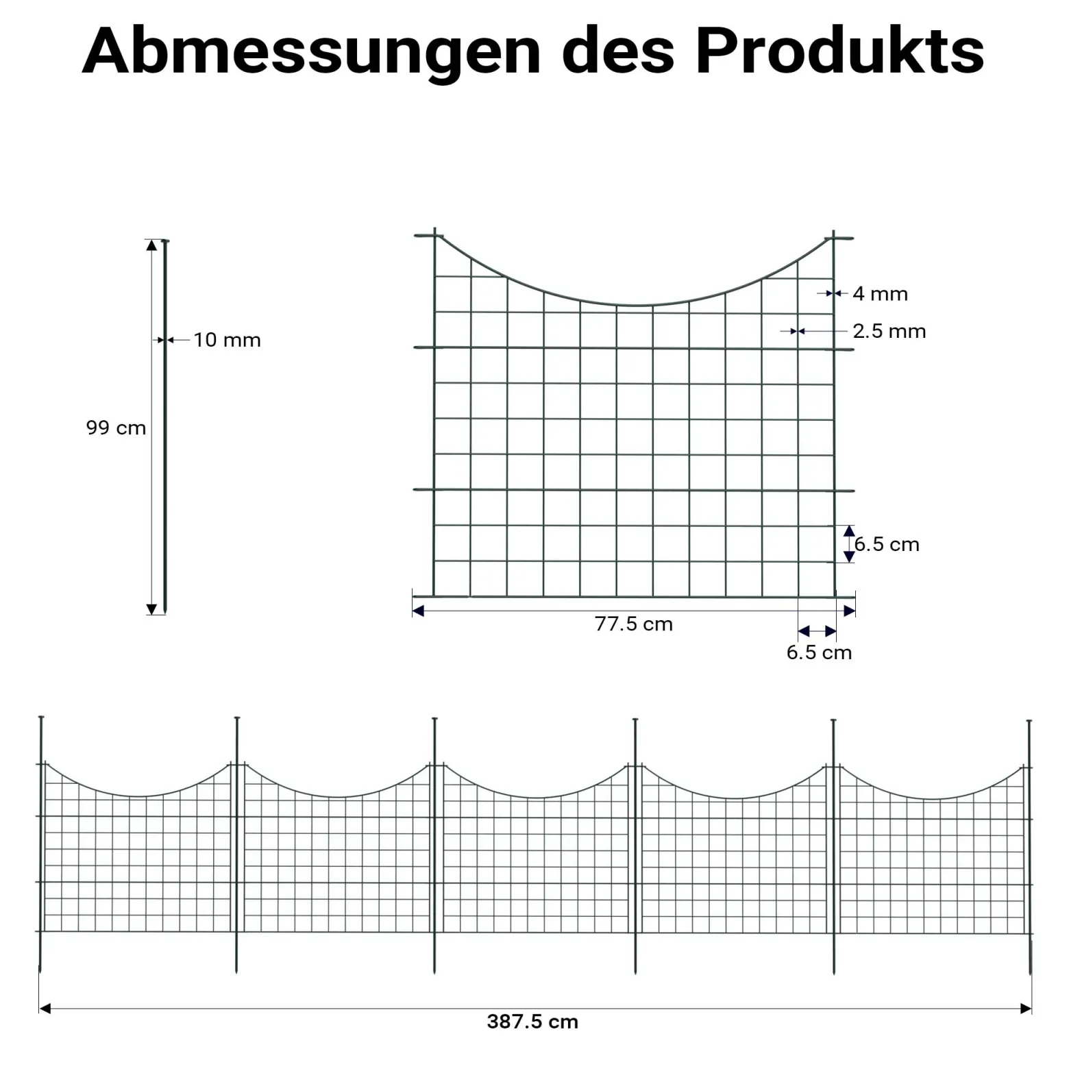Wiltec Gartenzaun Set mit 5 Elementen grün, Teichzaun mit Unterbogen, Maschendrahtzaun 770 x 8 x 640 mm, Steckzaun leichte Montage, korrosionsbeständig
