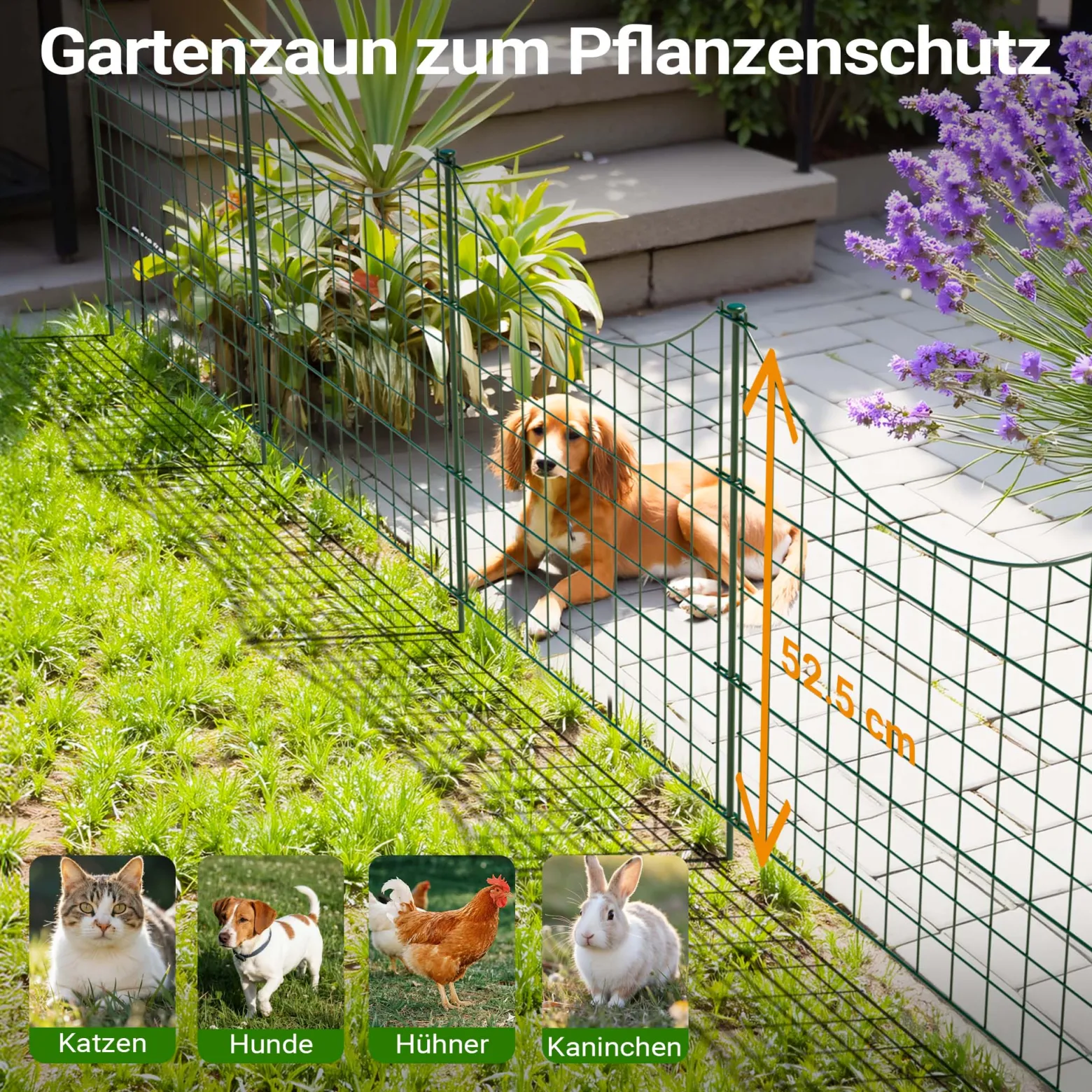 Wiltec Gartenzaun Set mit 5 Elementen grün, Teichzaun mit Unterbogen, Maschendrahtzaun 770 x 8 x 640 mm, Steckzaun leichte Montage, korrosionsbeständig