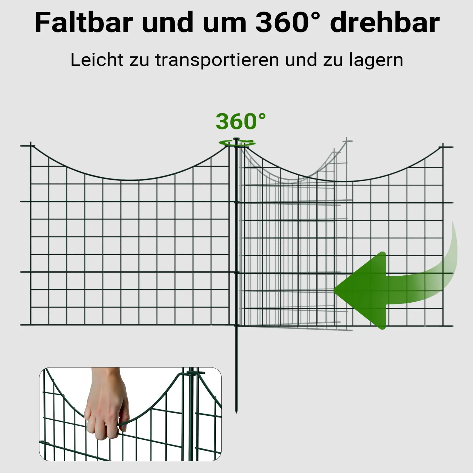 Wiltec Gartenzaun Set mit 5 Elementen grün, Teichzaun mit Unterbogen, Maschendrahtzaun 770 x 8 x 640 mm, Steckzaun leichte Montage, korrosionsbeständig