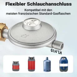 Wiltec Gasdruckminderer Frankreich, Gasdruckregler 700 mbar, 1,5 m Gasschlauch mit Druckminderer, Druckregler für große Geräte, Gasregler für Gasheizgebläse