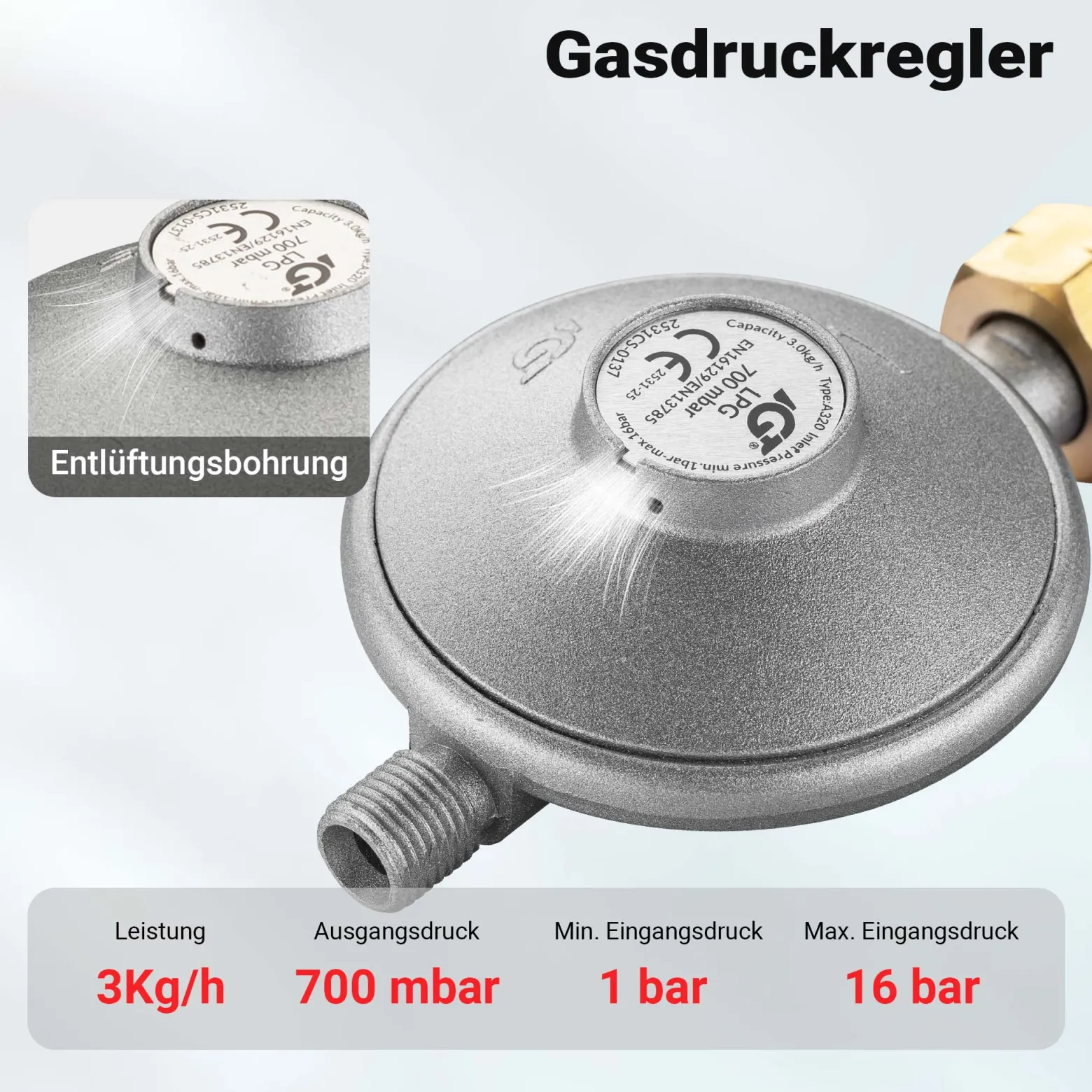 Wiltec Gasdruckminderer Italien, Gasdruckregler 700 mbar, 1,5 m Gasschlauch mit Druckminderer, Druckregler für große Geräte, Gasregler für Gasheizgebläse