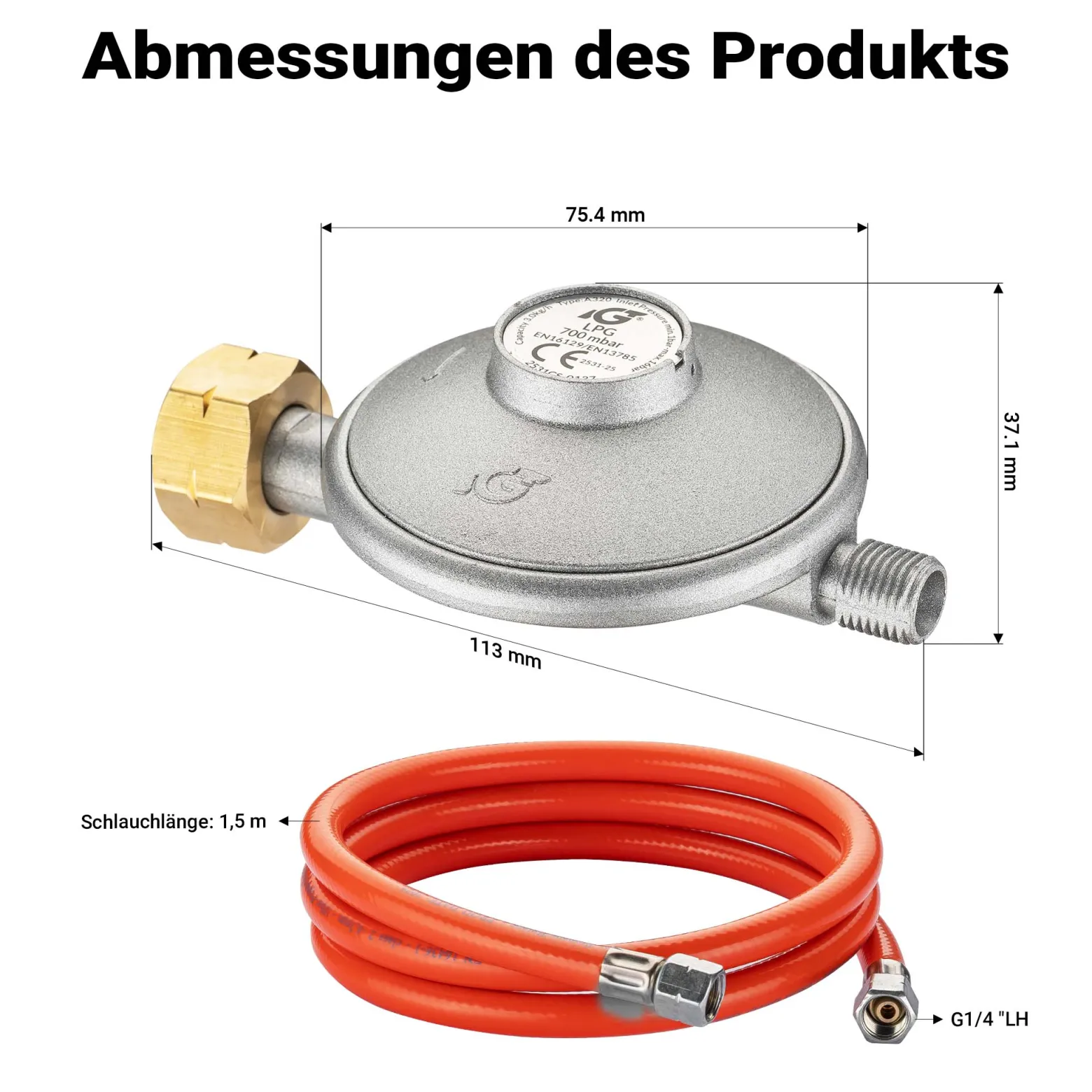 Wiltec Gasdruckminderer Italien, Gasdruckregler 700 mbar, 1,5 m Gasschlauch mit Druckminderer, Druckregler für große Geräte, Gasregler für Gasheizgebläse