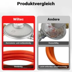 Wiltec Gasdruckminderer Italien, Gasdruckregler 700 mbar, 1,5 m Gasschlauch mit Druckminderer, Druckregler für große Geräte, Gasregler für Gasheizgebläse
