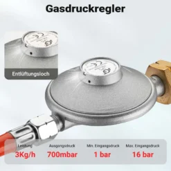 Wiltec Gasdruckminderer Spanien mit Adapter, Gasdruckregler 700 mbar, 1,5 m Gasschlauch mit Druckminderer, Druckregler für große Geräte, Gasregler für Gasheizgebläse