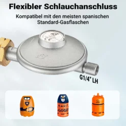 Wiltec Gasdruckminderer Spanien mit Adapter, Gasdruckregler 700 mbar, 1,5 m Gasschlauch mit Druckminderer, Druckregler für große Geräte, Gasregler für Gasheizgebläse